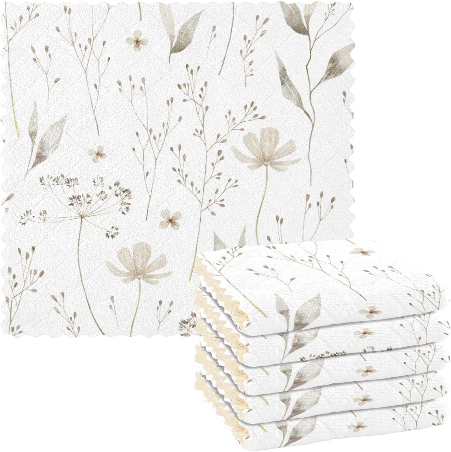 Wildflowers Leafs Soft Decor Kitchen Towel Microfiber Fast Drying Set of 6 Rags for Countertop Sink