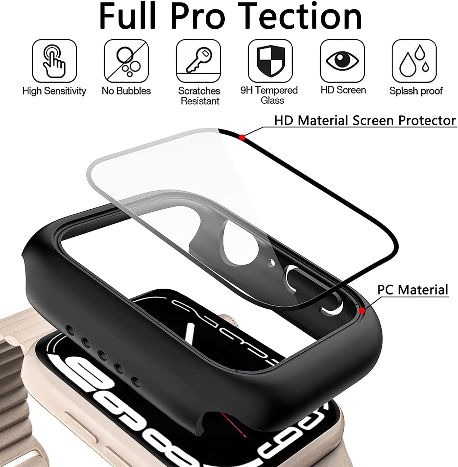 Paquete de 2 Funda compatible con Apple Watch Series 7 de 1.614in con protector de pantalla de vidrio templado integrado (negro 1.614in)