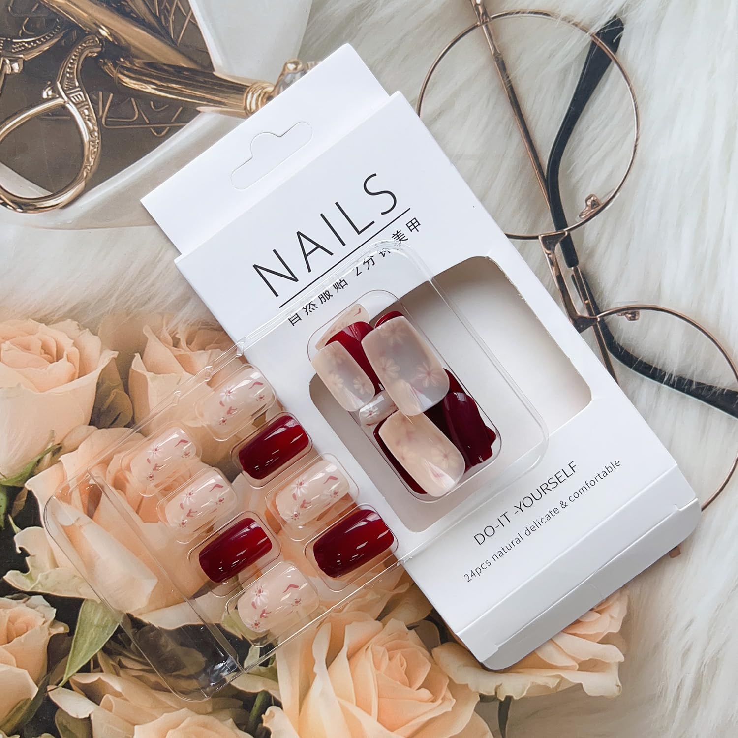 Uñas postizas medianas a presión, uñas postizas a presión con forma cuadrada, uñas postizas de color rojo vino brillante, uñas adhesivas
