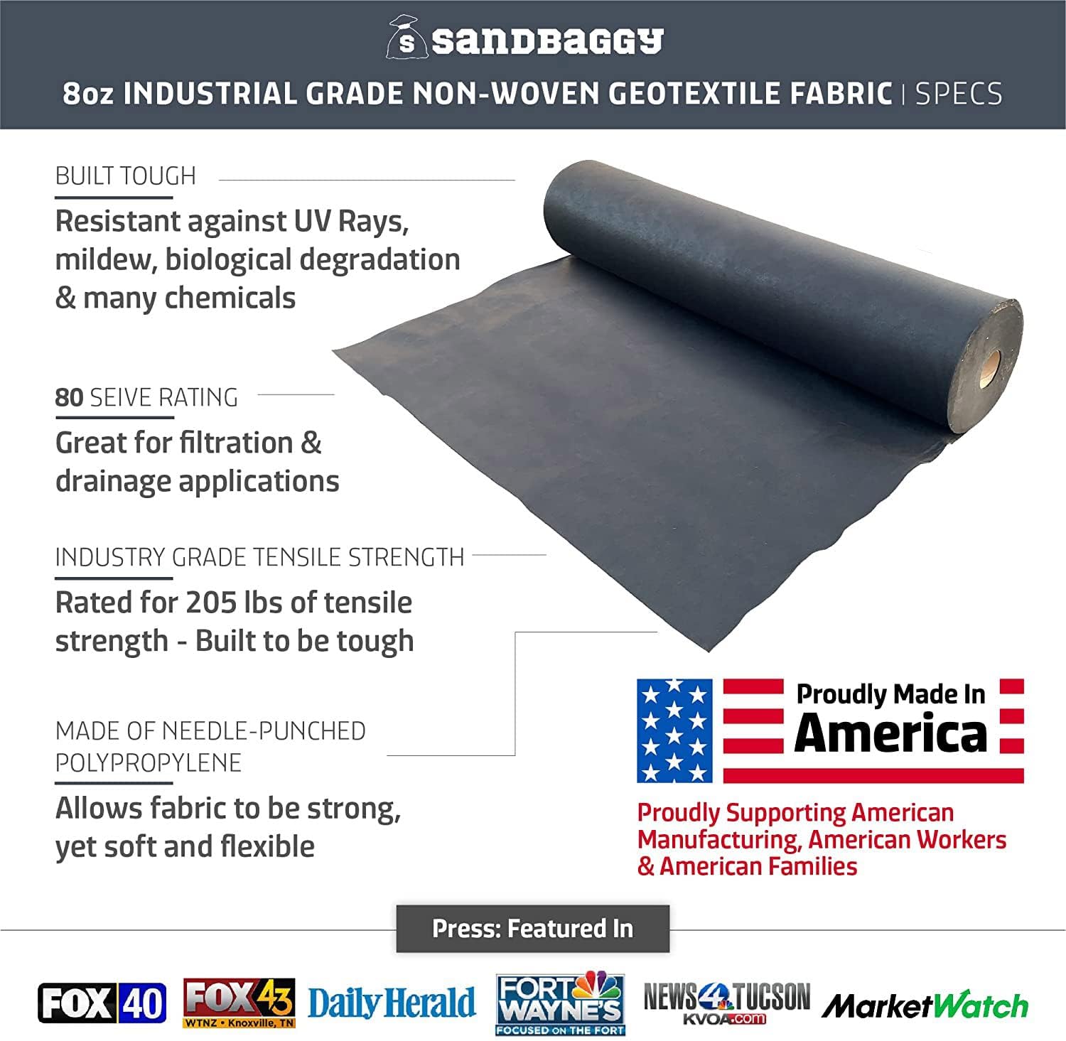 Sandbaggy Geotextile – Relleno para estanque  Fabricado en Estados Unidos  Vida útil de 50 años*  Tela no tejida que protege el forro de estanque de