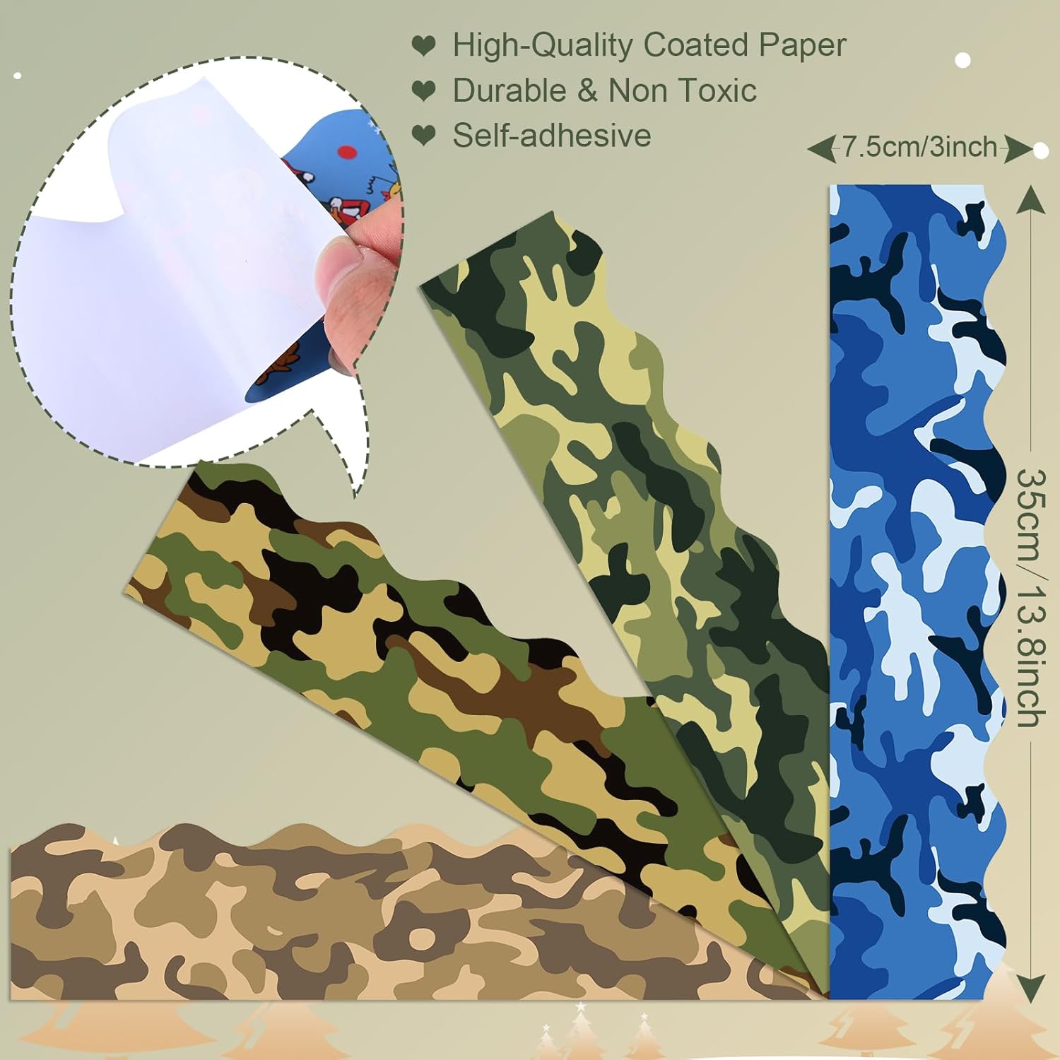 Bordes de tablero de anuncios de camuflaje de 82 pies, 4 diseños, 72 unidades, color verde, marrón, azul y negro, calcomanías de borde de camuflaje