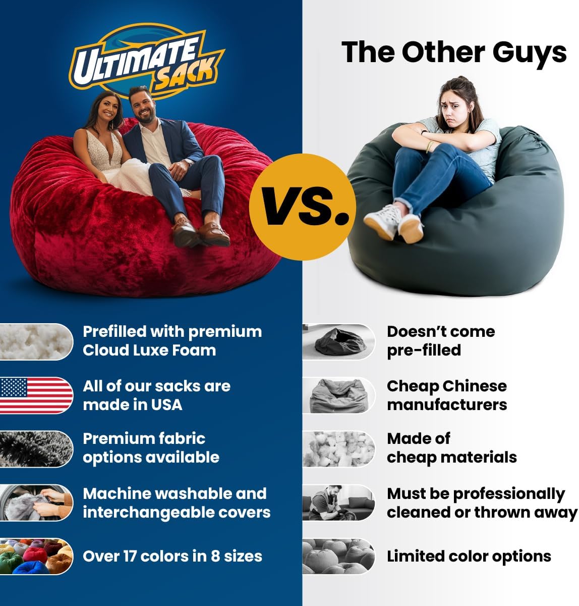 Ultimate Sack 6000 – Puf con reposapiés Muebles con relleno de espuma gigante fundas lavables a máquina, costuras dobles cosidas, forro interior