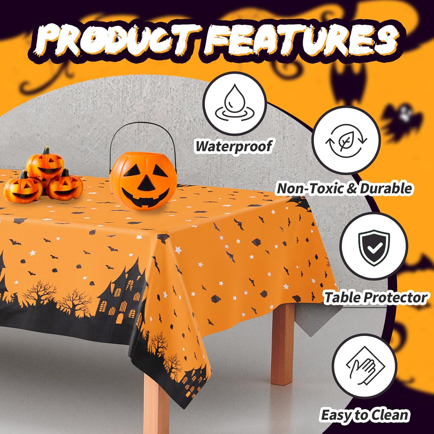 Imeepa 2 manteles de Halloween rectangulares de 54 x 72 pulgadas, mantel de plástico desechable con árbol de bruja de castillo, murciélago,