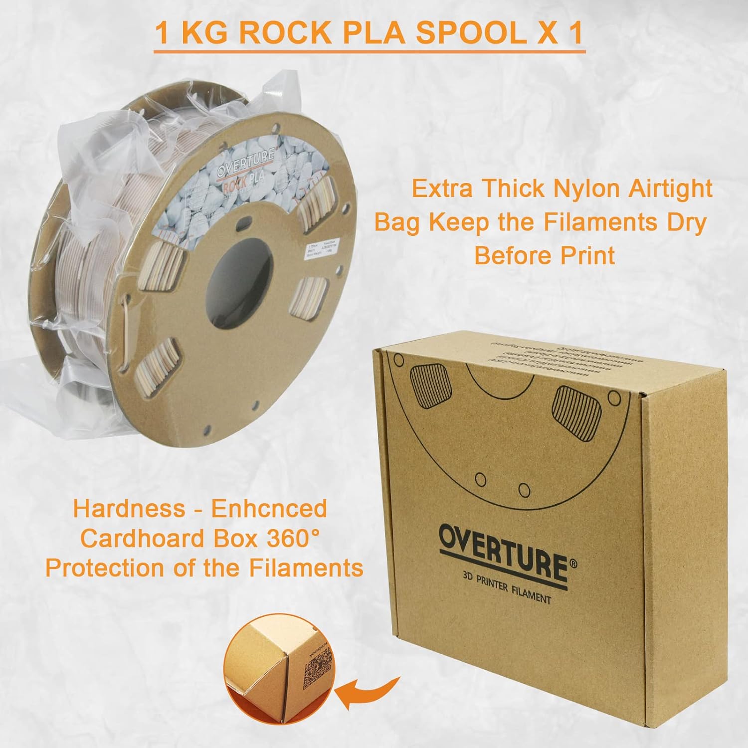 OVERTURE Filamento PLA Rock de 0.069 pulgadas, filamento PLA para impresora 3D de mármol, carrete de 2.2 libras, precisión dimensional +- 0.001 in,