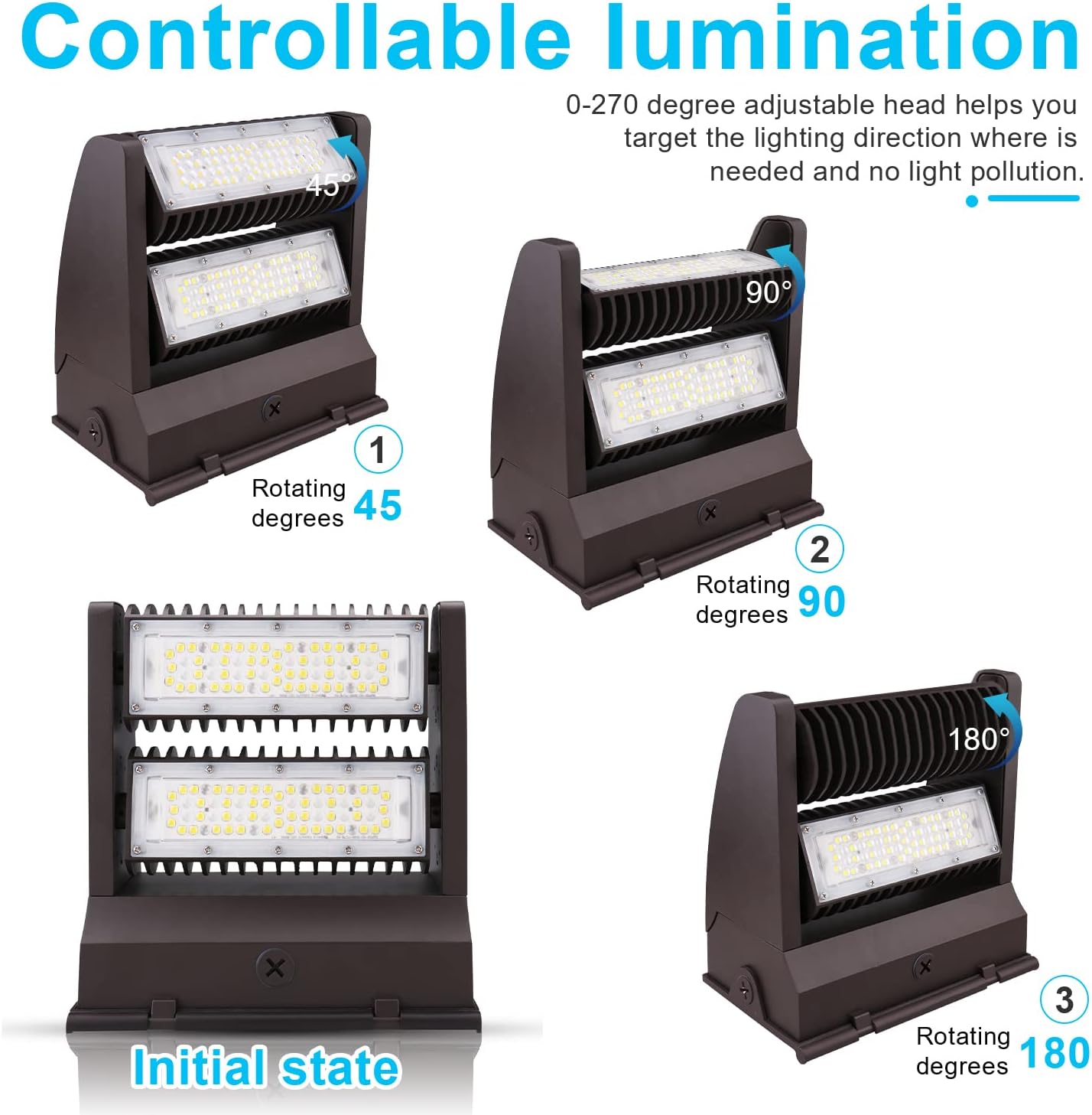 OSTEK Paquete de luz LED de pared de 40 W, giratoria, ajustable, 5000 K, 5500 LM, paquete de pared de área regulable para exteriores, IP65, UL, DLC