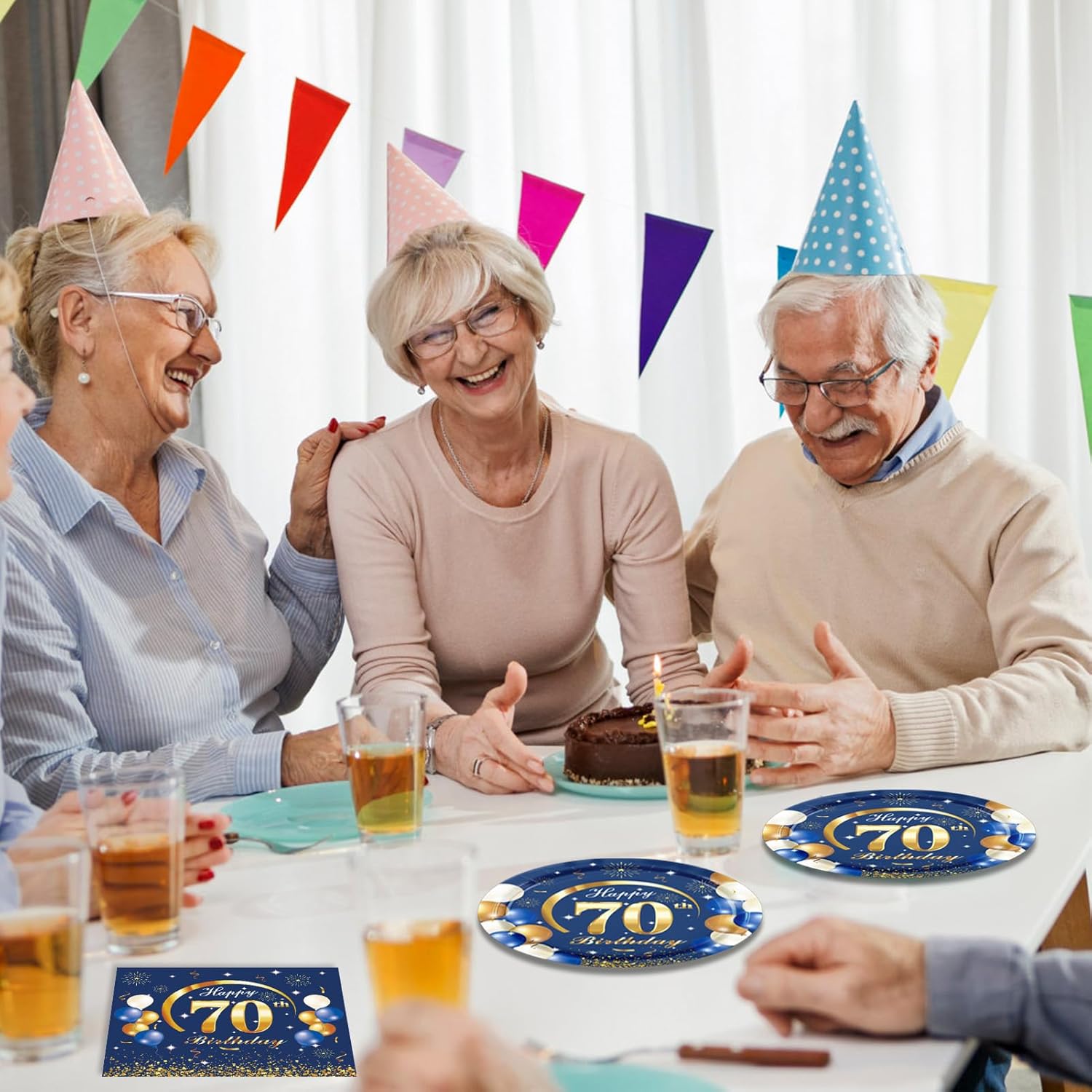 40 unidades, 40 unidades, decoraciones de cumpleaños n. 70 para hombres, azul marino y dorado, incluye platos, servilletas para decoración de fiesta