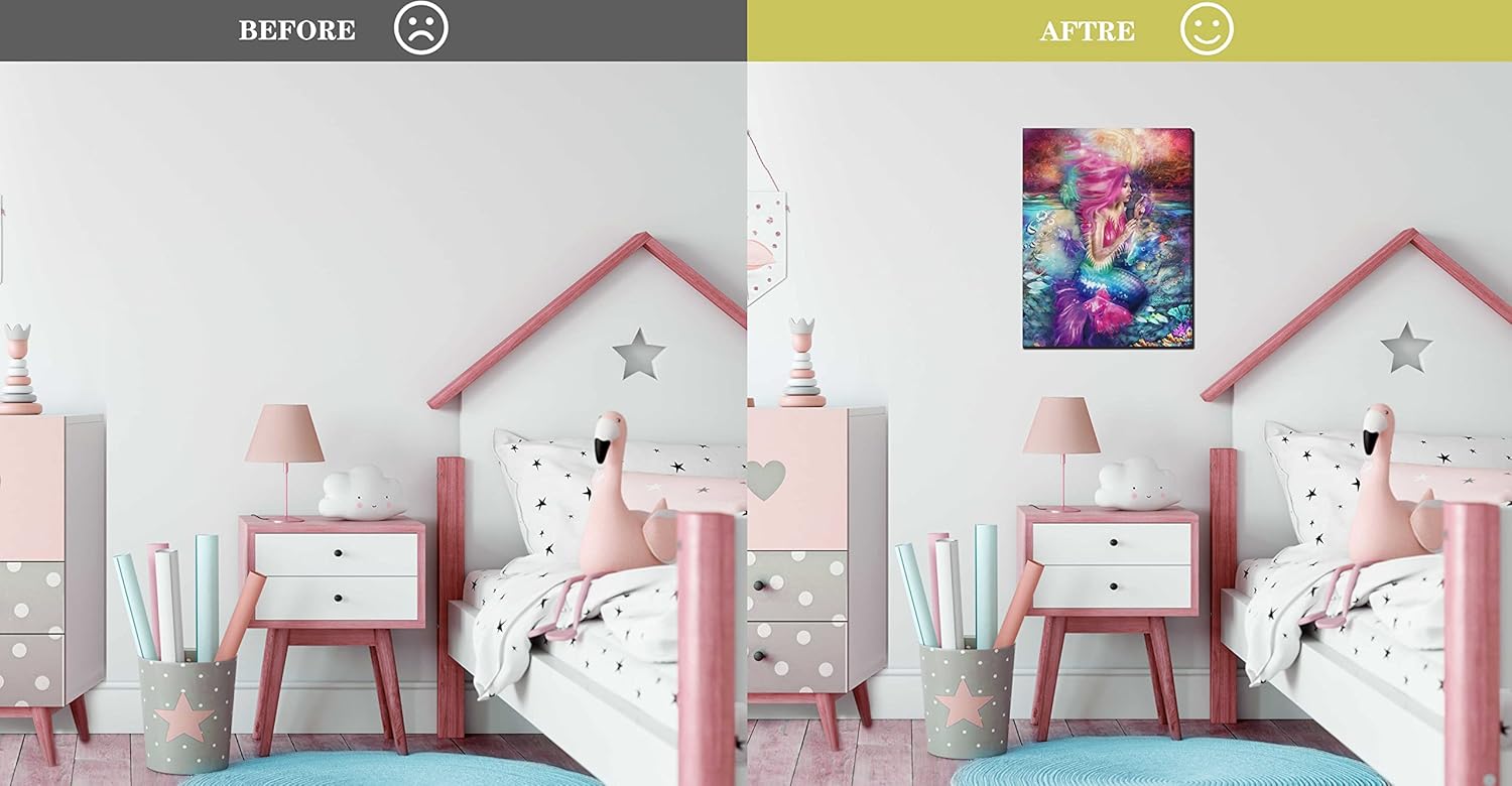 Xxliren Lienzo decorativo para pared de baño con imágenes de sirena, decoración de habitación de sirena rosa para dormitorio de niñas, tamaño de