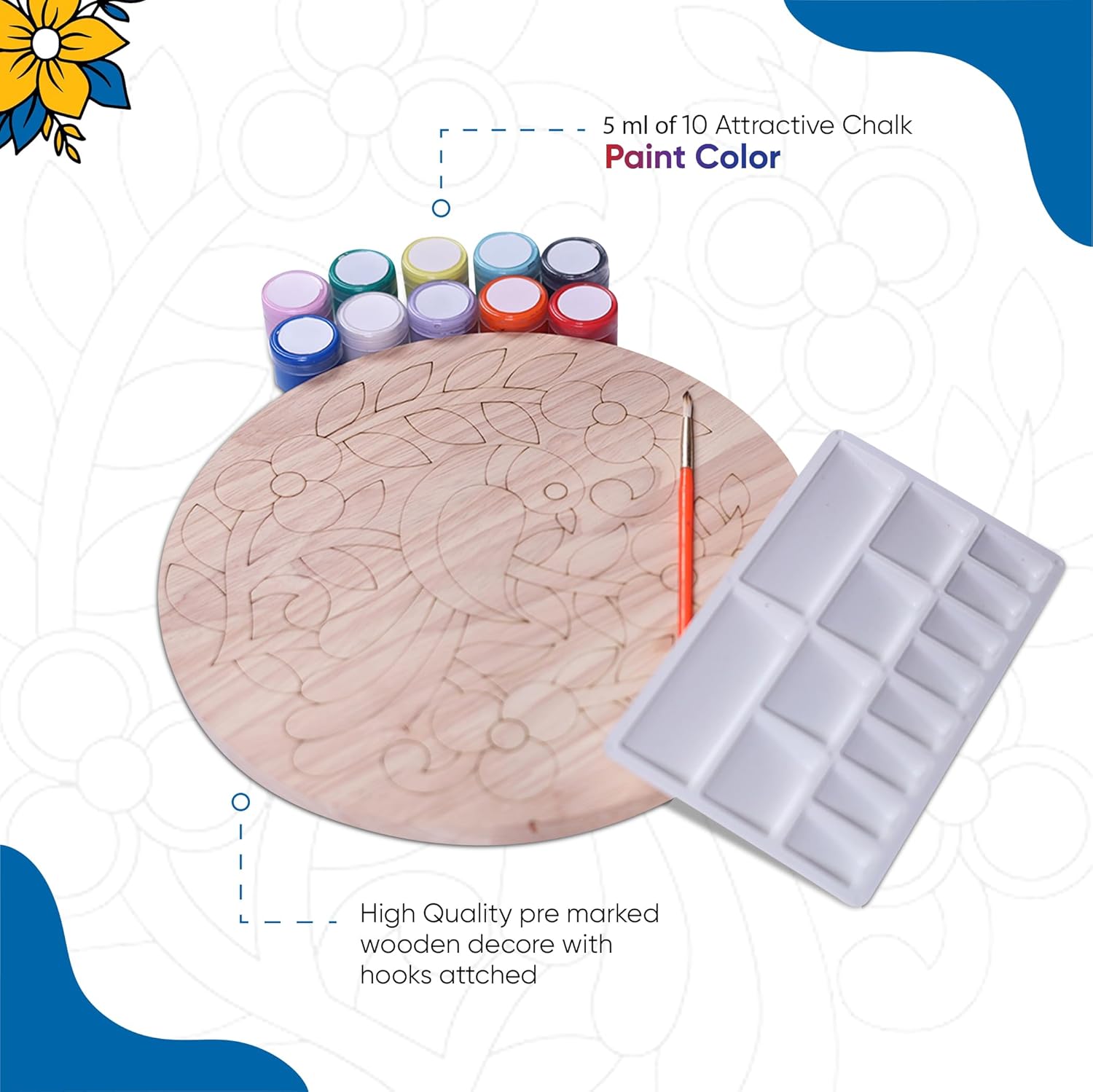 Saihut Kit de pintura acrílica con vibrante juego de pintura de madera, incluye 1 contorno de madera premarcado, 10 pinturas de tiza, bandeja de
