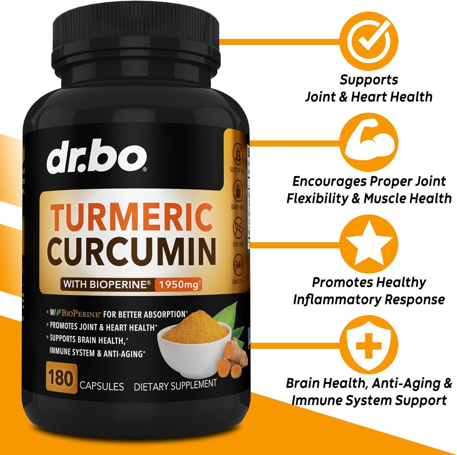 Curcumina de cúrcuma con cápsulas de suplemento BioPerine, suplementos naturales de apoyo articular con 1950 mg de cúrcuma Longa Pure Organic