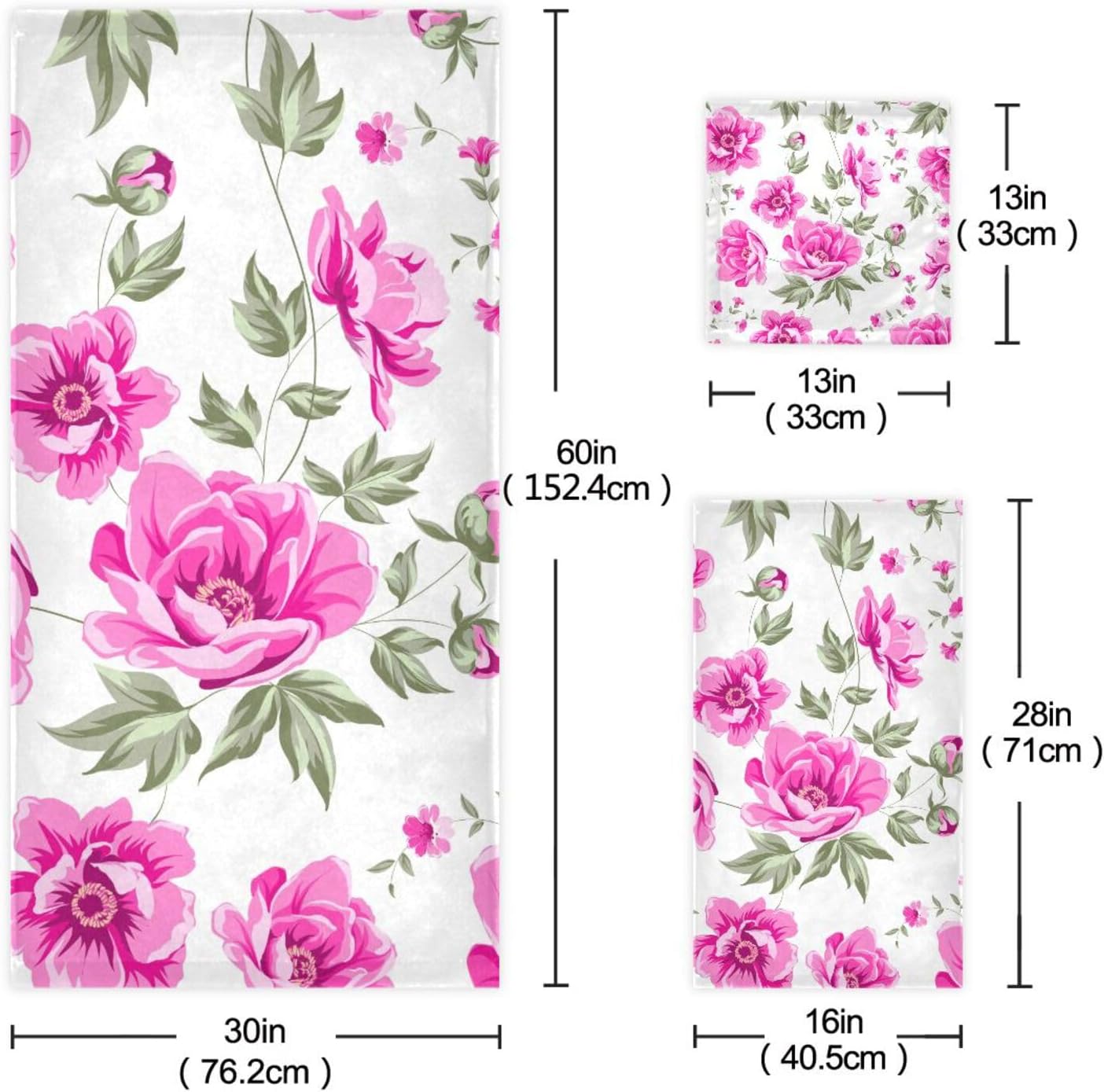 Elegante juego de 3 toallas de baño de peonía rosa, súper suaves, 1 toalla de mano, 1 paño de lavado, 1 toalla de baño, toallas decorativas para