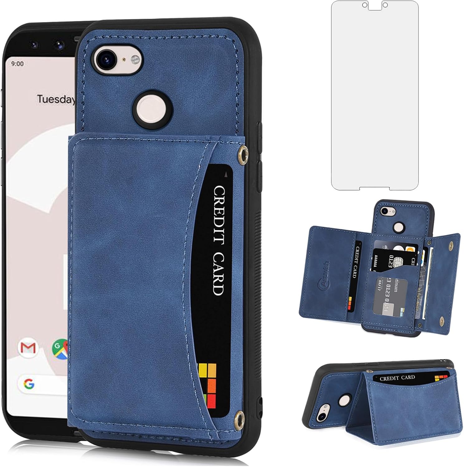 Asuwish Funda de teléfono para Google Pixel 3 XL con protector de pantalla de vidrio templado y soporte de tarjeta de crédito de piel sintética,