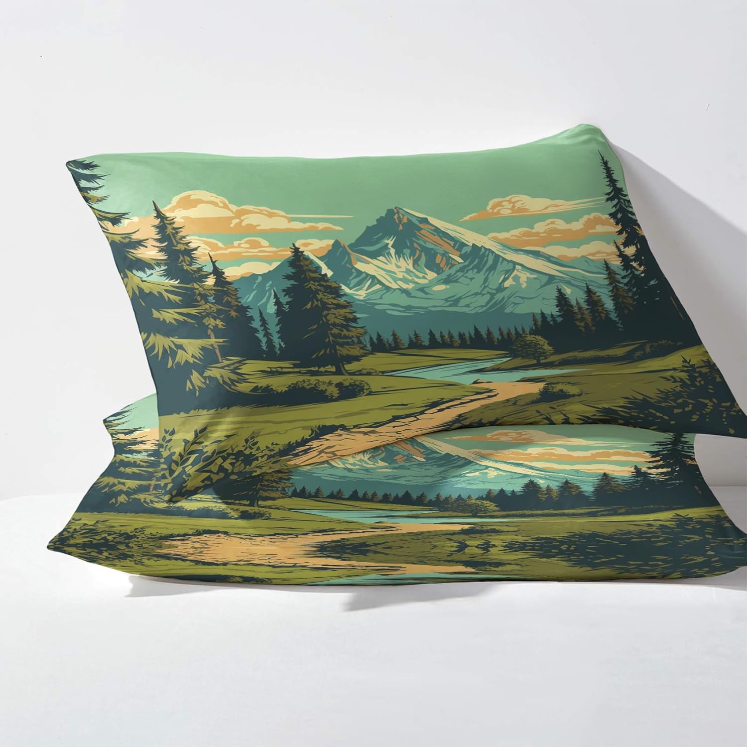 Nature Sheets – Juego de sábanas de 4 piezas con patrón de paisaje de montaña, sábanas y fundas de almohada estampadas, sábana bajera ajustable de