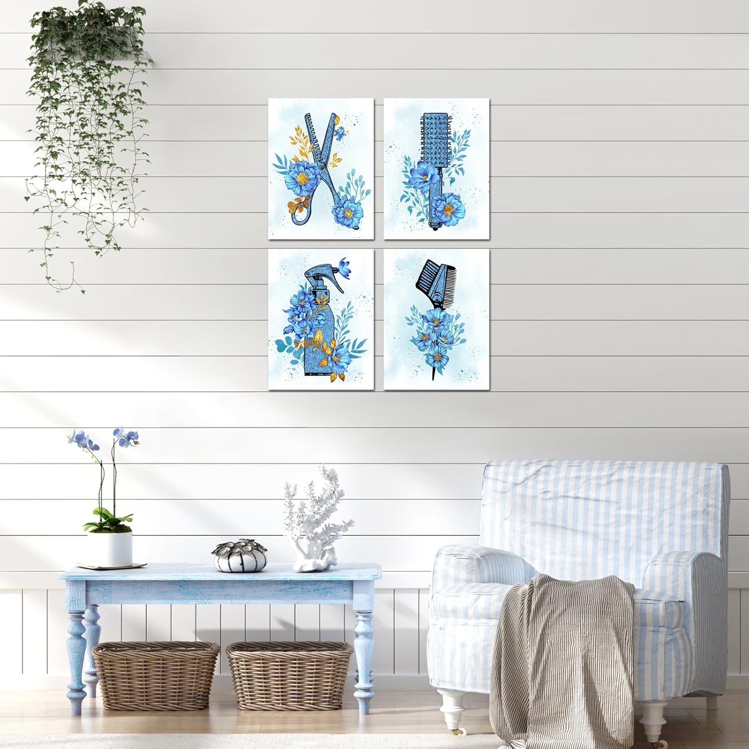 sechars Peluquería decoración de pared herramientas de peluquería pintura pintura lienzo impresiones azul moda arte de pared para sala de maquillaje