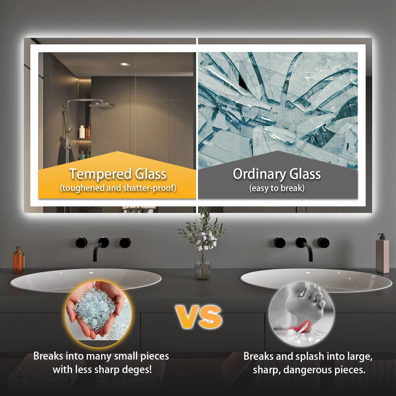 Espejo de baño LED de 72 x 36 pulgadas con luz frontal + retroiluminada, espejo de baño de vidrio templado con luces, antivaho, 3 colores con