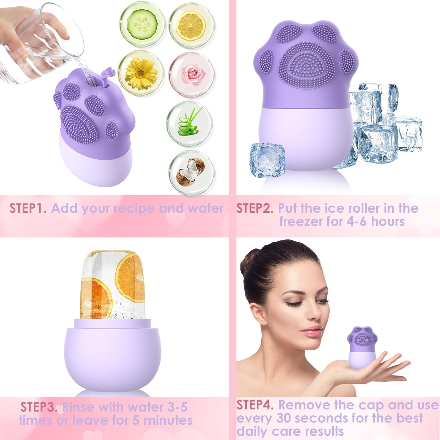 GeeRic Rodillo facial de hielo, cepillo de limpieza facial de hielo de silicona, contorno de cara de cubo para ojos y cuello, rodillo de masaje