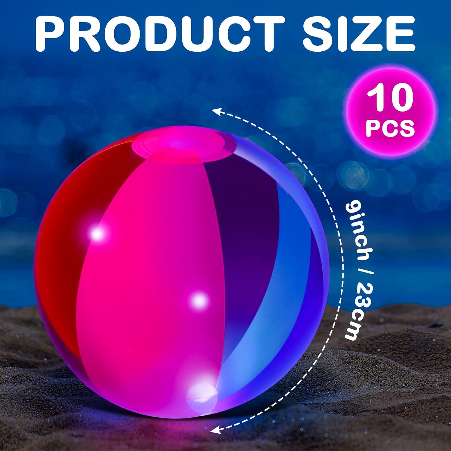 Zhanmai Bola de playa flotante e inflable que brilla en la oscuridad, color arcoíris de 9 pulgadas, de inflado a desinflado, para verano, piscina,