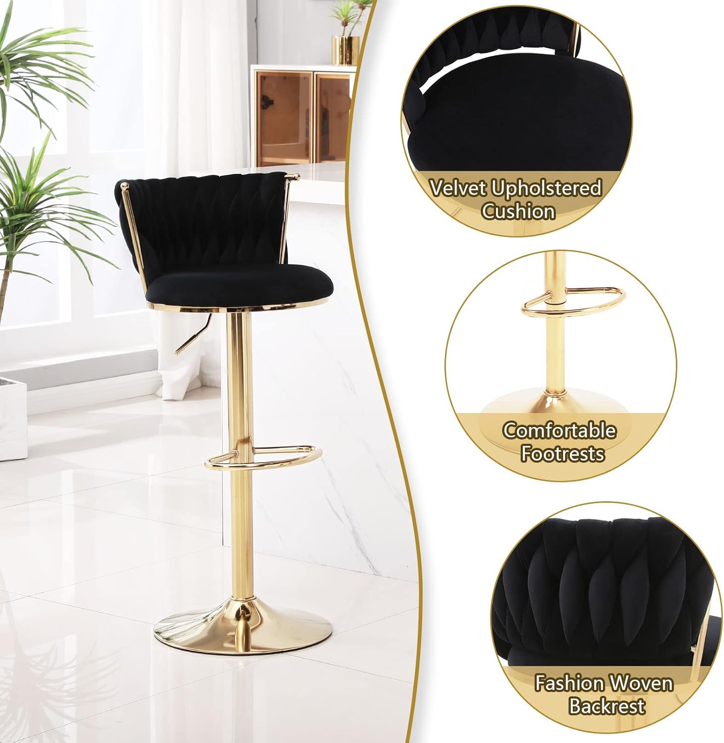 ODUWA Juego de 2 taburetes de bar de terciopelo giratorios de 360 con patas de metal dorado, silla moderna ajustable para comedor con respaldo y