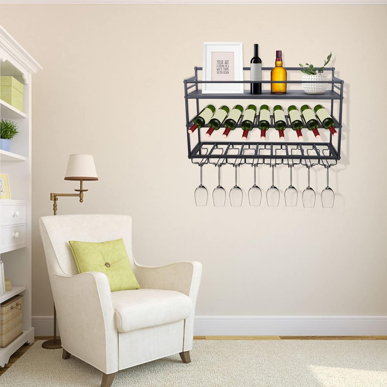 Estante de cristal para botellas de vino montado en la pared de 3 capas, estante de metal rústico para vino, estante de metal para botellas de metal