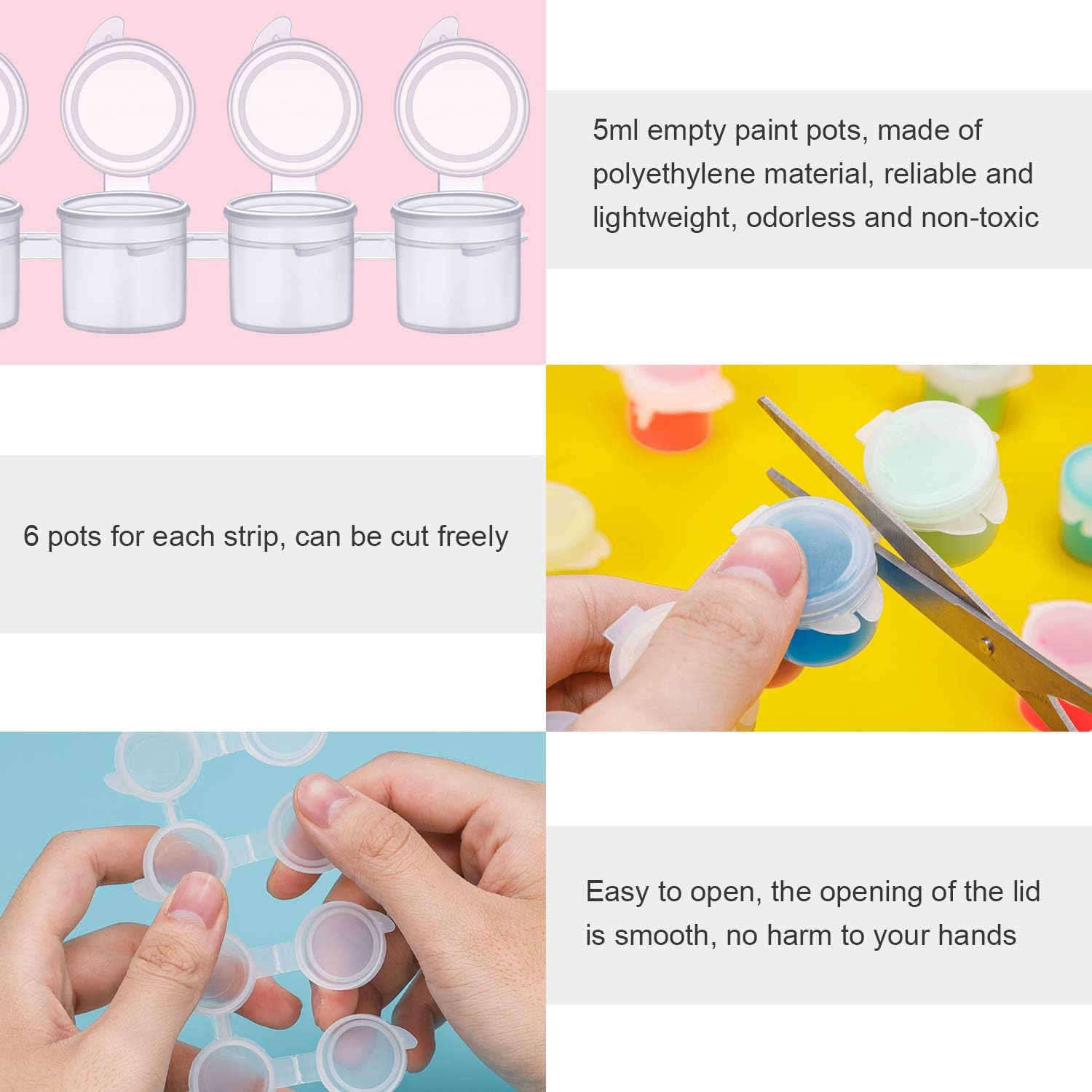 120 macetas de pintura con tapas, 0.2 fl oz0.17 onzas, macetas grandes vacías con tapas, contenedor de pintura acrílica fácil de abrir, tiras de