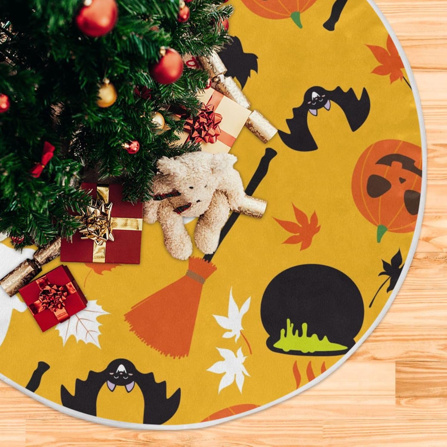 Happy Halloween Pattern White Tree Base Skirt, Canvas Tree Skirt, 47.2 in Decoration for Christmas Tree, Fall Home Decor