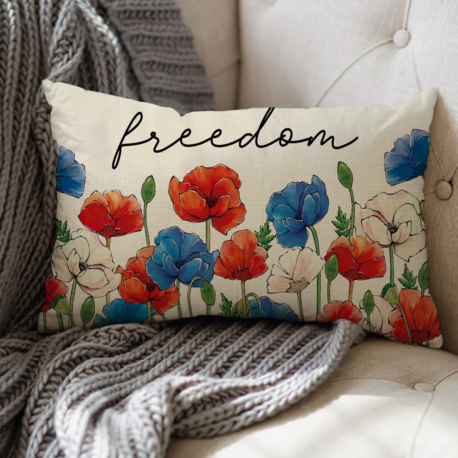 Fjfz 4th of July Freedom – Funda de almohada decorativa lumbar con flores patrióticas de 12 x 20 pulgadas, rectangular, diseño floral de anémona de