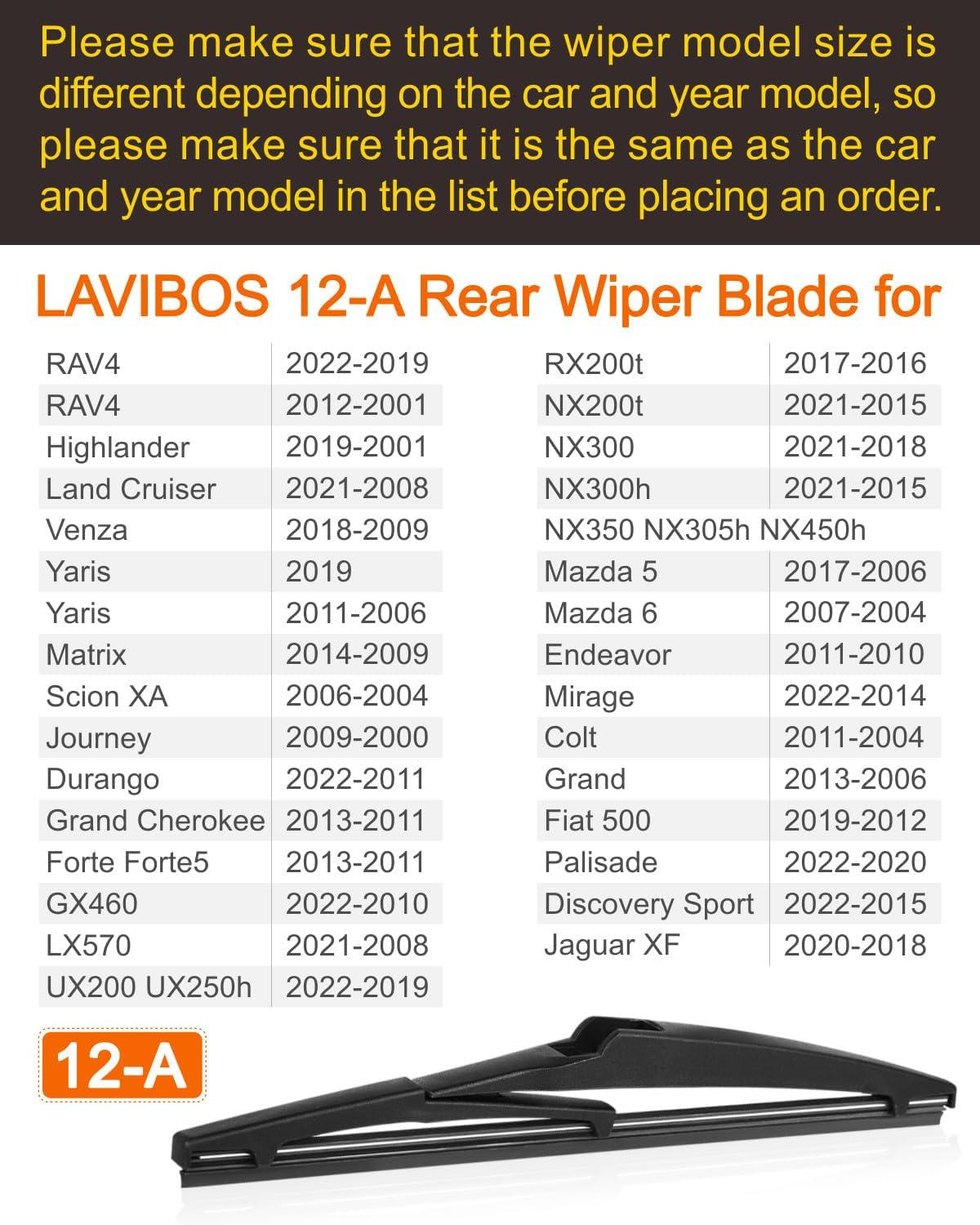 LAVIBOS Limpiaparabrisas trasero de 12 pulgadas (12A), limpiaparabrisas trasero para RAV4 22-19,12-01, Highlander 19-01, Land Cruiser, lexus NX, UX,