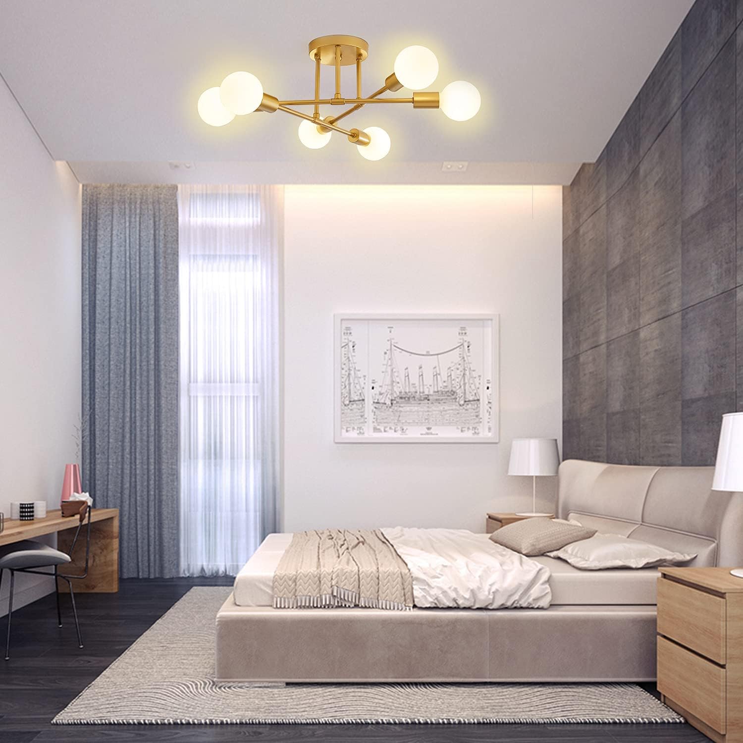 Surpars House Lámpara de techo moderna, lámpara Sputnik de 6 luces para dormitorio, comedor, sala de estar (dorado)