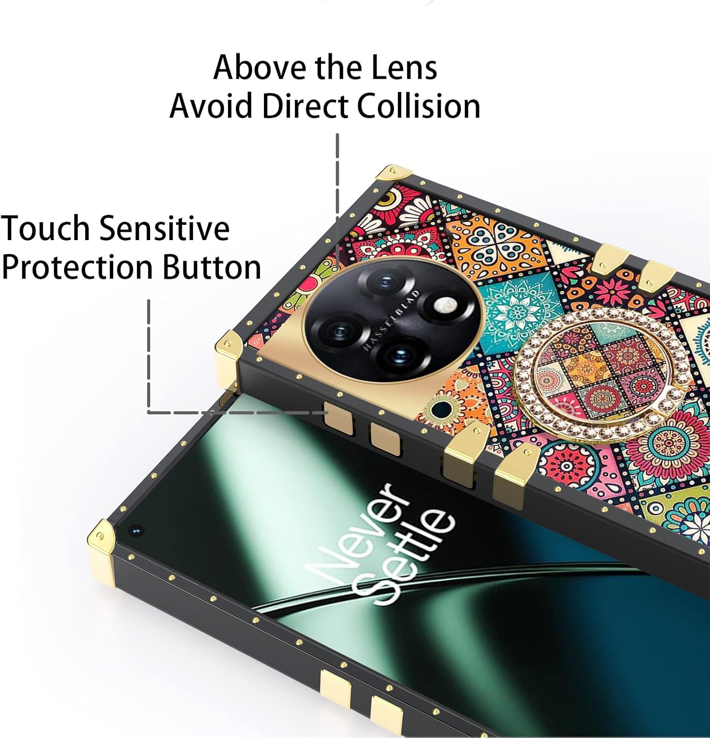 nancheng Funda cuadrada para Oneplus 11 (6.7 pulgadas) con soporte de anillo, diseño retro de flores de mandala para niñas y mujeres, esquinas