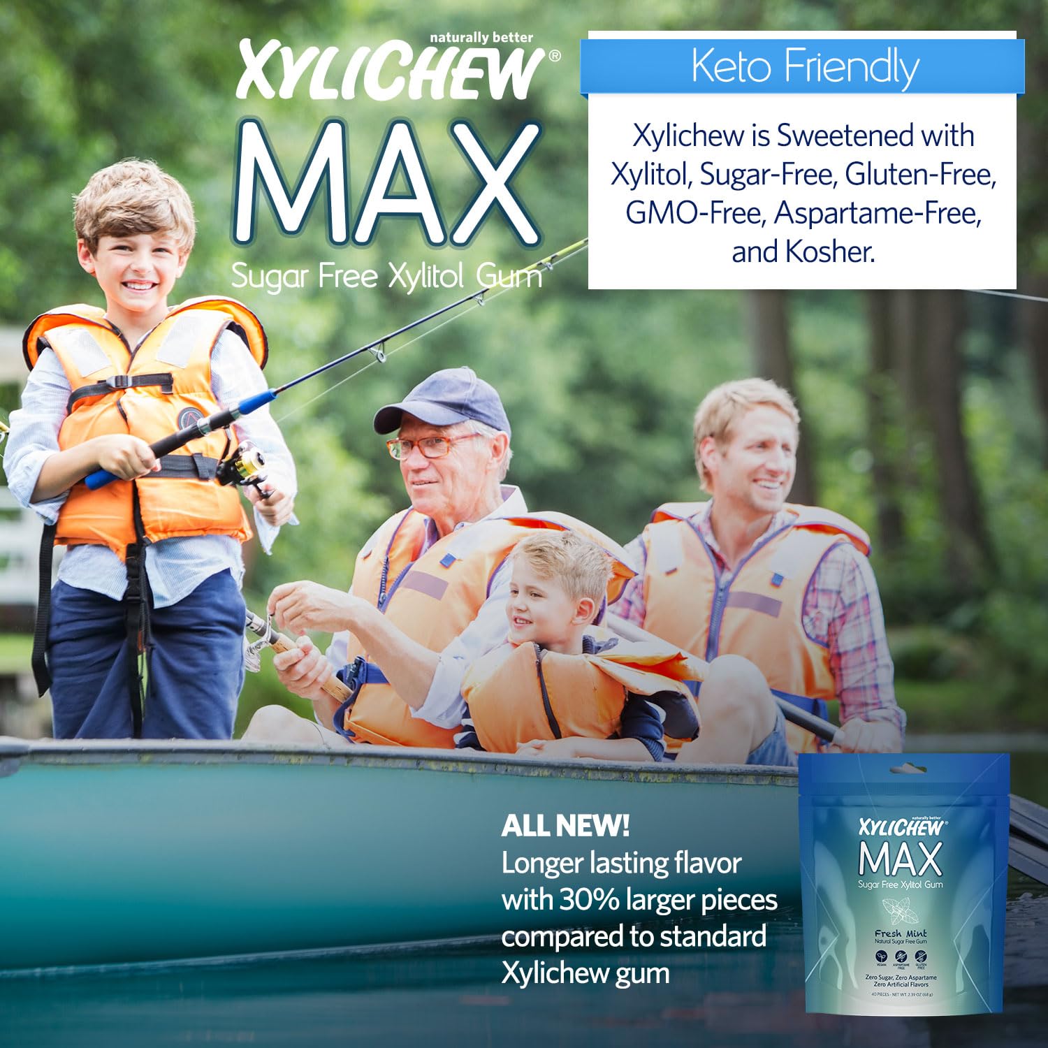 Xylichew MAX – Goma de mascar con xilitol, sin OMG, sin aspartamo, sin gluten, sin azúcar, con stevia y fruta del monje, cuidado bucal natural,