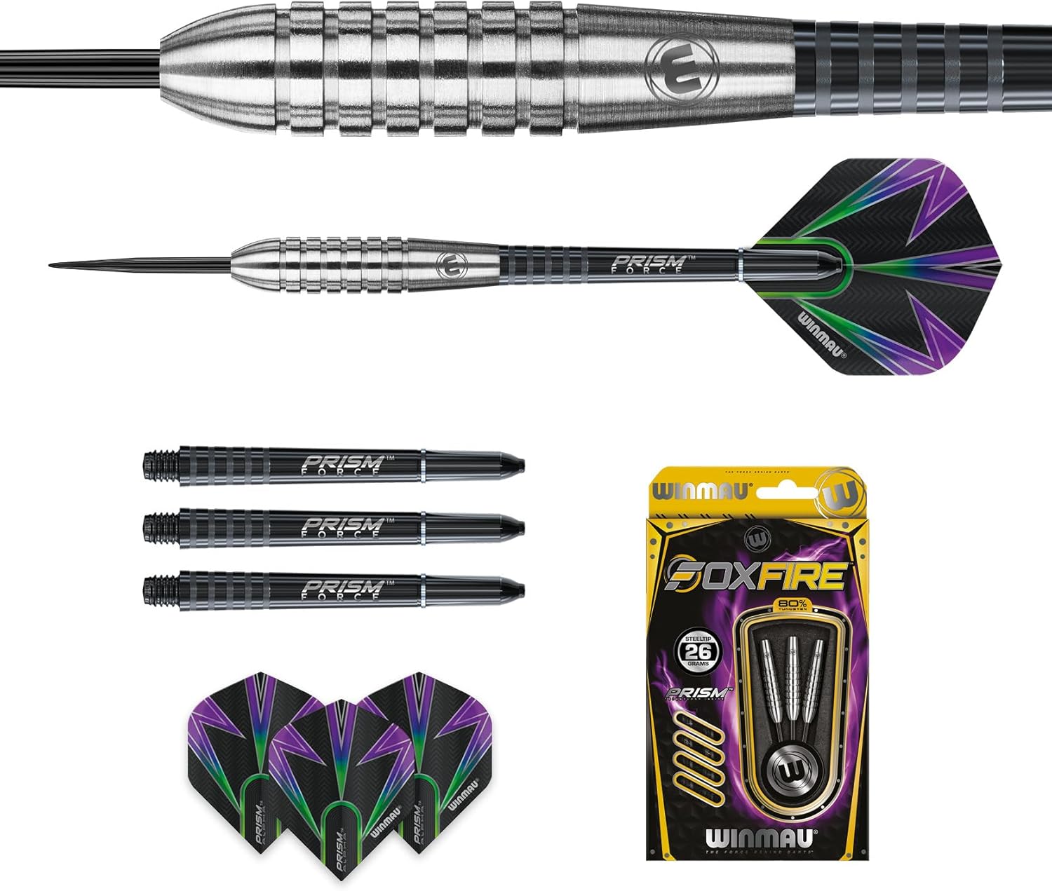 Winmau Foxfire 90% Tungsten Darts with Prism Flights and Shafts (Stems) Steel & Soft Tips