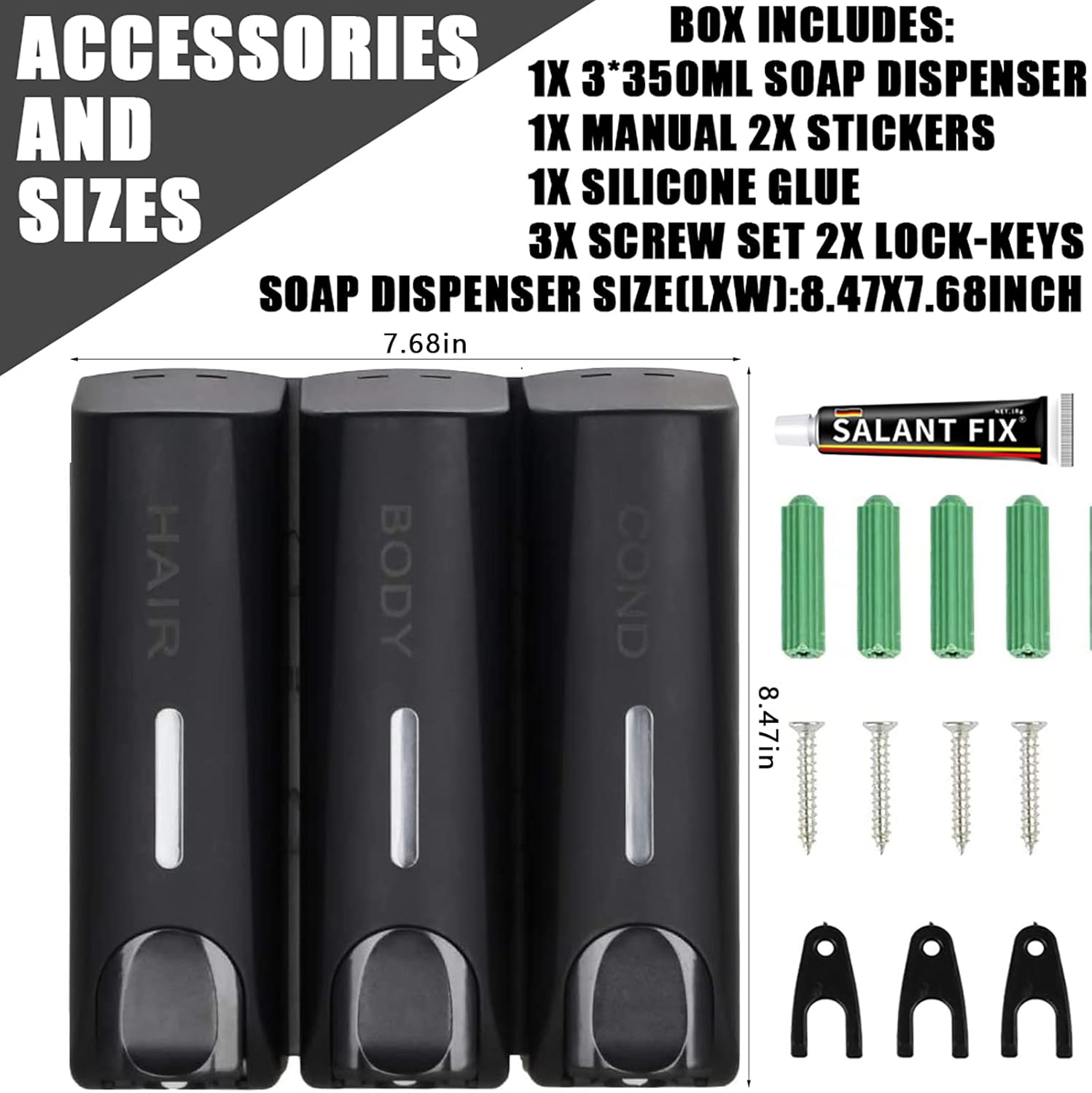 Dispensador de jabón de ducha 3 en 1, dispensador de champú y acondicionador sin taladros, dispensador de champú para montaje en pared, bomba de
