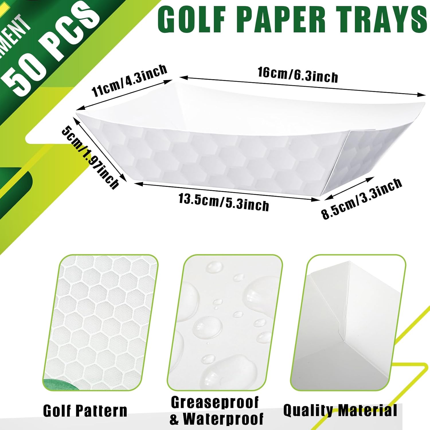 100 piezas de suministros de fiesta de golf sirven 50, bandejas de comida de papel de golf, botes de comida con hojas de papel encerado para niños,