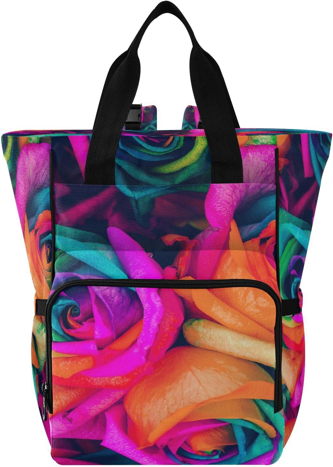 Mochila para pañales con diseño de rosas y flores arcoíris, bolsa de bebé grande, mochila de viaje multifuncional, bolsa de pañales de maternidad