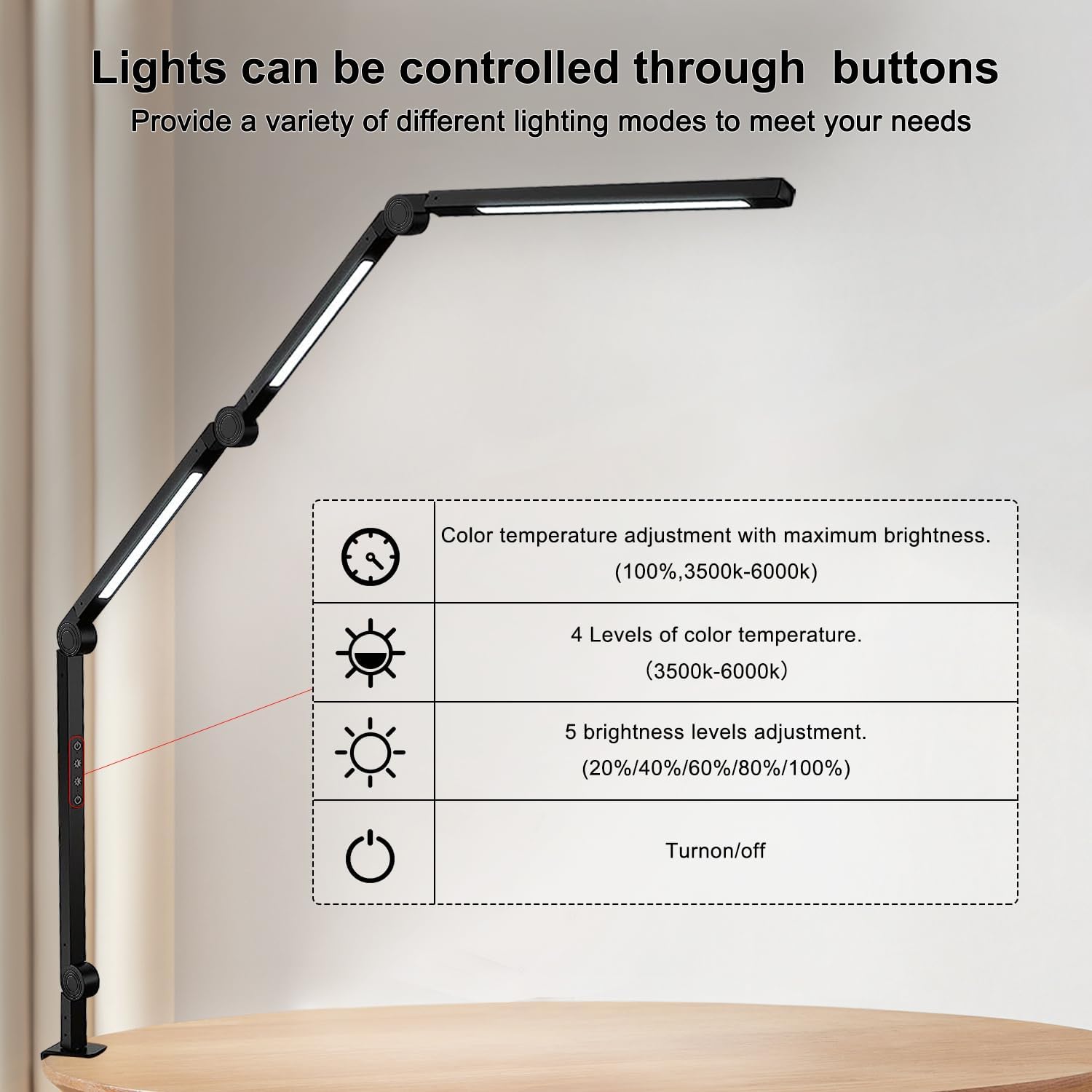 LED Desk Lamp with Clamp Flexible 4 sections Swing Arm Three light sources desk light, 4 Color Modes & 5 Brightness, Eye Caring Led table light with