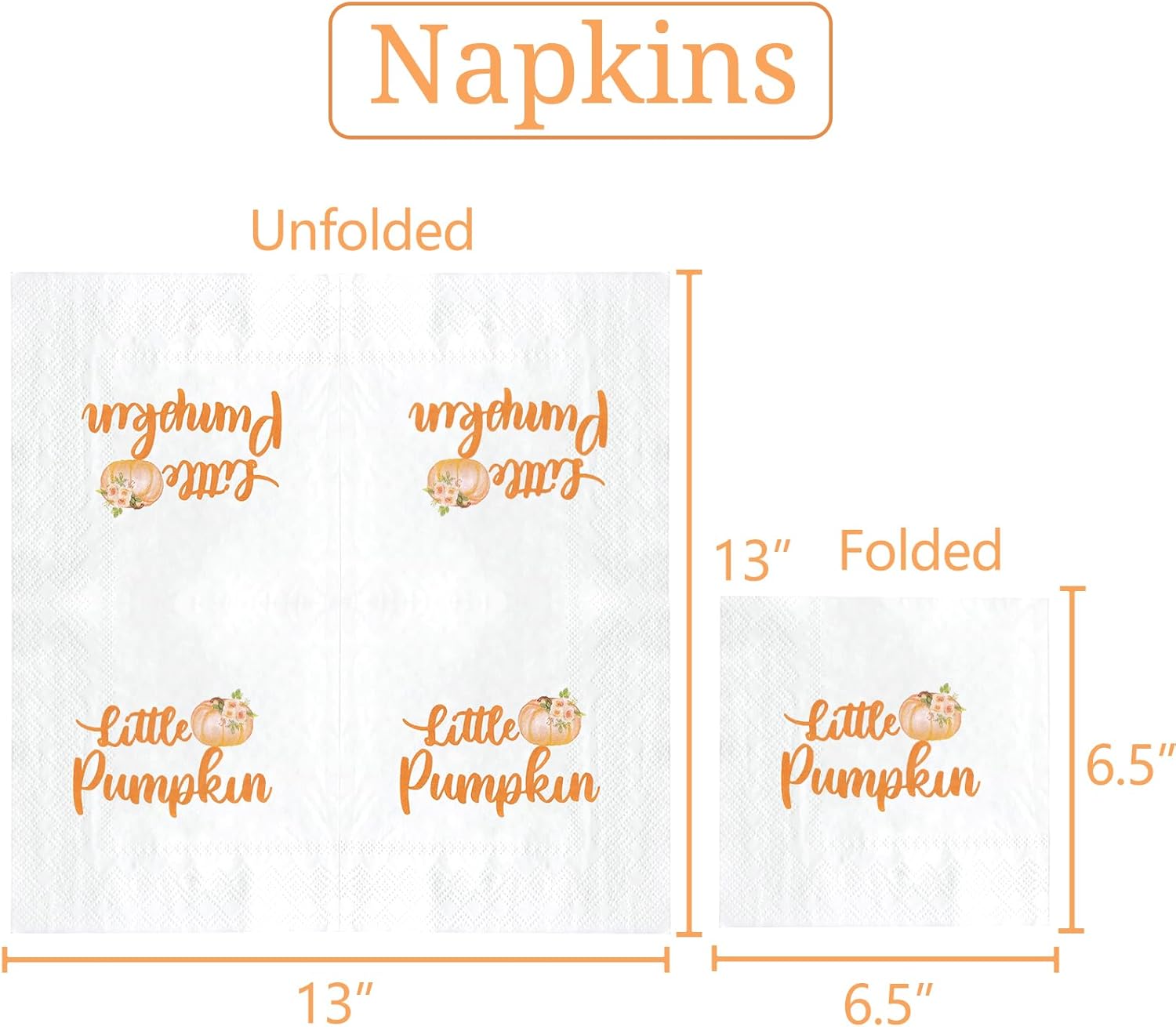 Servilletas de calabaza naranja de 6.5 x 6.5 pulgadas para otoño, cumpleaños, baby shower, ideas de vajilla con texto en inglés “What Will Little