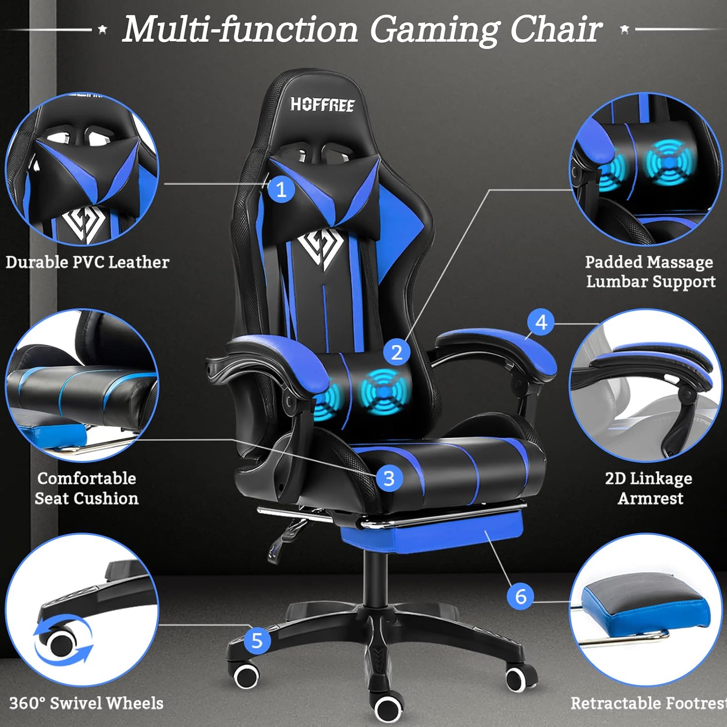 HOFFREE Silla de juegos con masaje y luces LED, silla ergonómica para juegos de computadora con reposapiés, silla de videojuegos RGB con respaldo