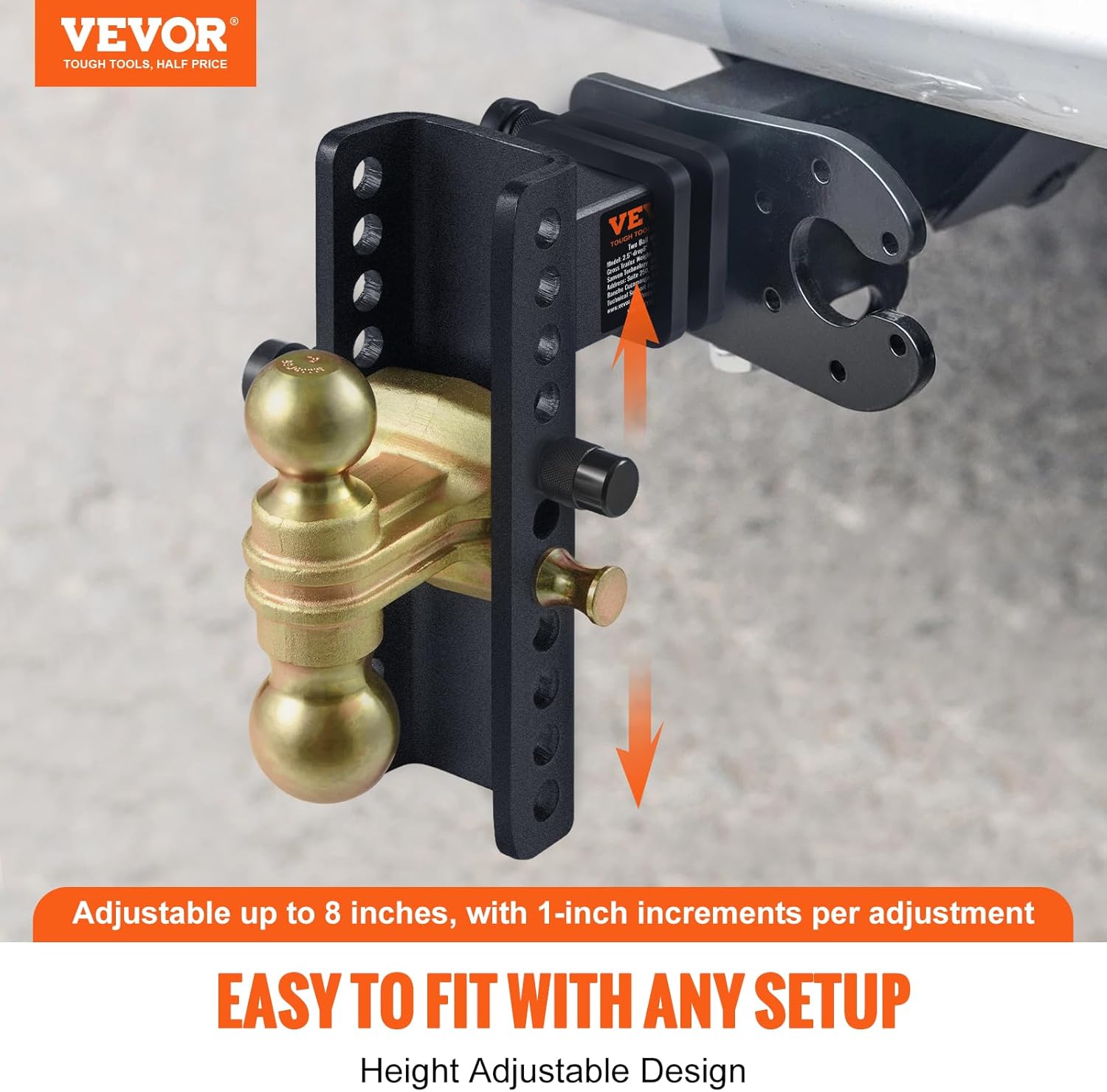 VEVOR Enganche de remolque ajustable, caída de 8 pulgadas y montaje de bola de enganche de elevación de 6.5 pulgadas con receptor de 2.5 pulgadas,