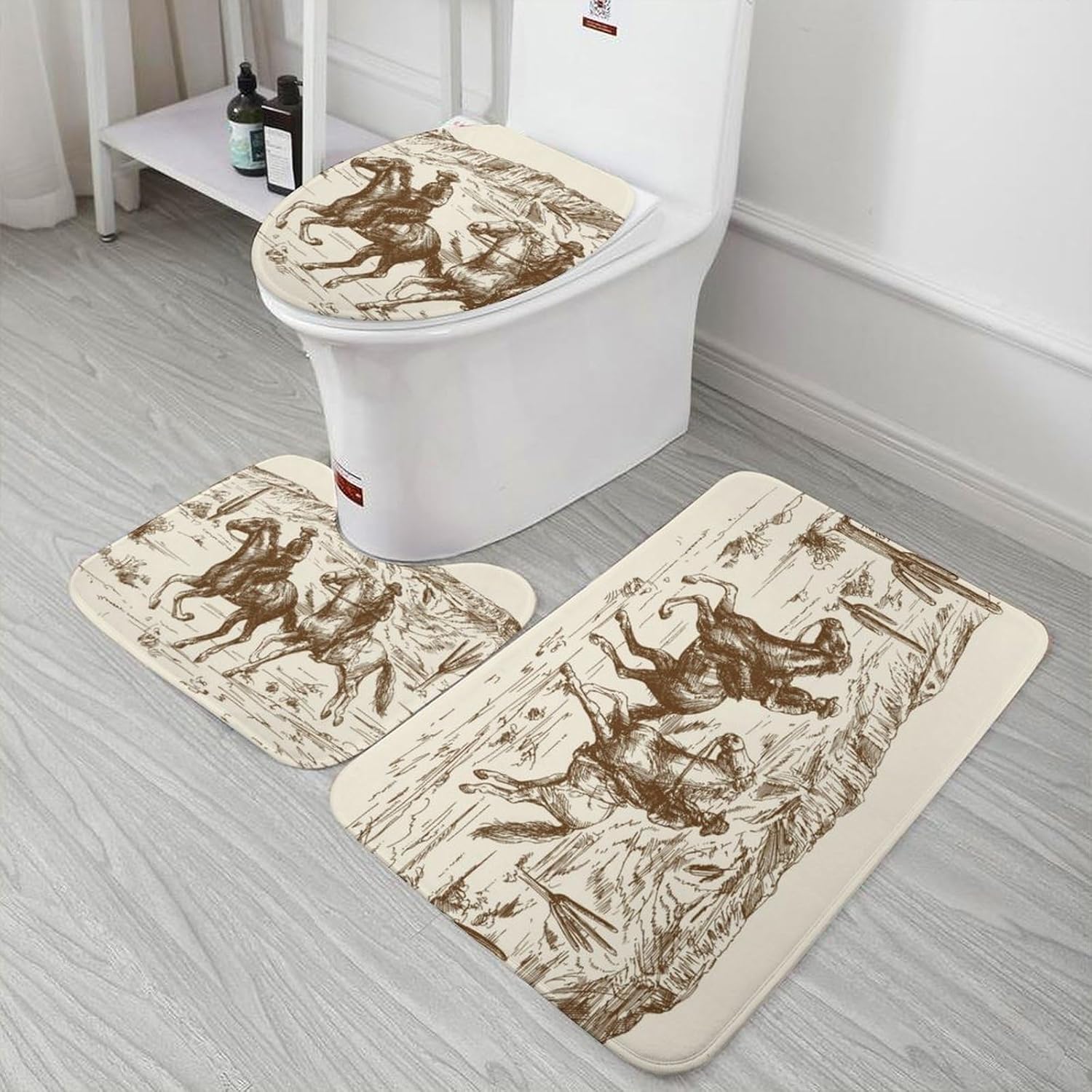 American Wild West Cowboys – Juego de 3 alfombras de baño de terciopelo coral con temática de país occidental, antideslizante, absorbente, en forma