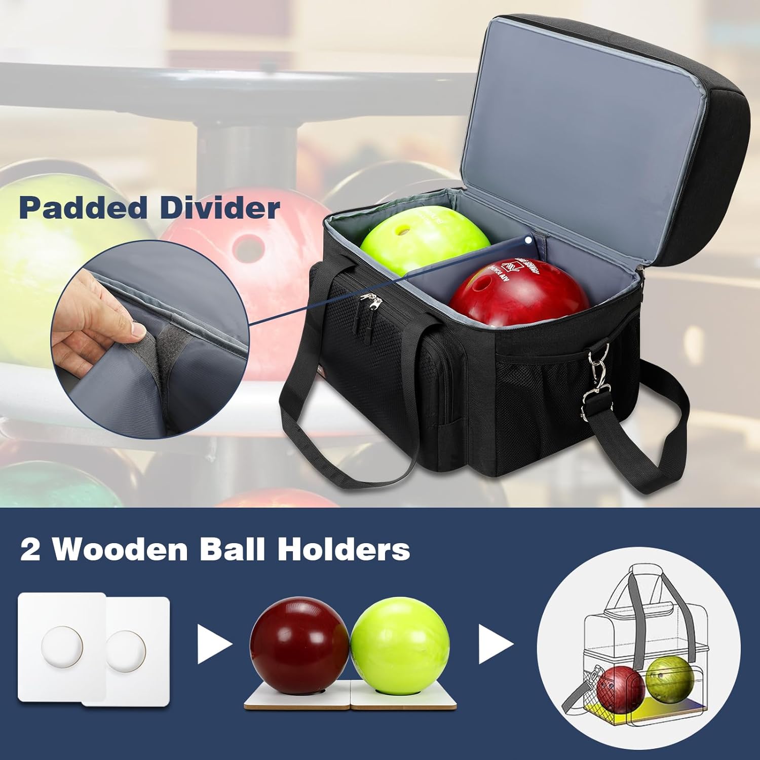 Bowling Ball Bags for SingleTwo Ball, Easy Carry Bowling Ball Tote Bags with Wooden Bowling Holder and Extra Storage Pockets – Holds OneTwo Bowling