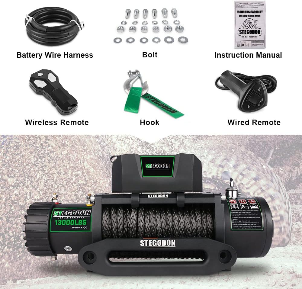 Cabrestante eléctrico de 13000 libras, cabrestante eléctrico impermeable de 12 V, cabrestante de cuerda sintética con control remoto inalámbrico de