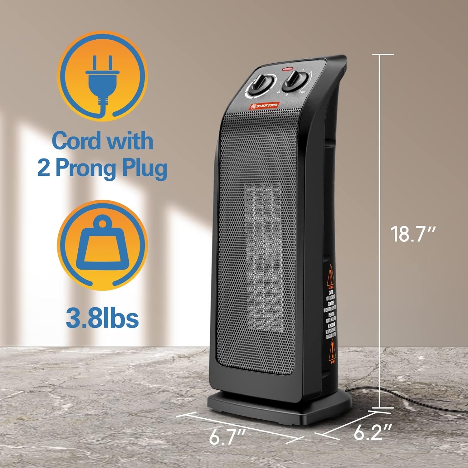 ECOWELL Calentador eléctrico de cerámica de calentamiento rápido de 1500 W con termostato, calentador de torre de 18 pulgadas para uso en