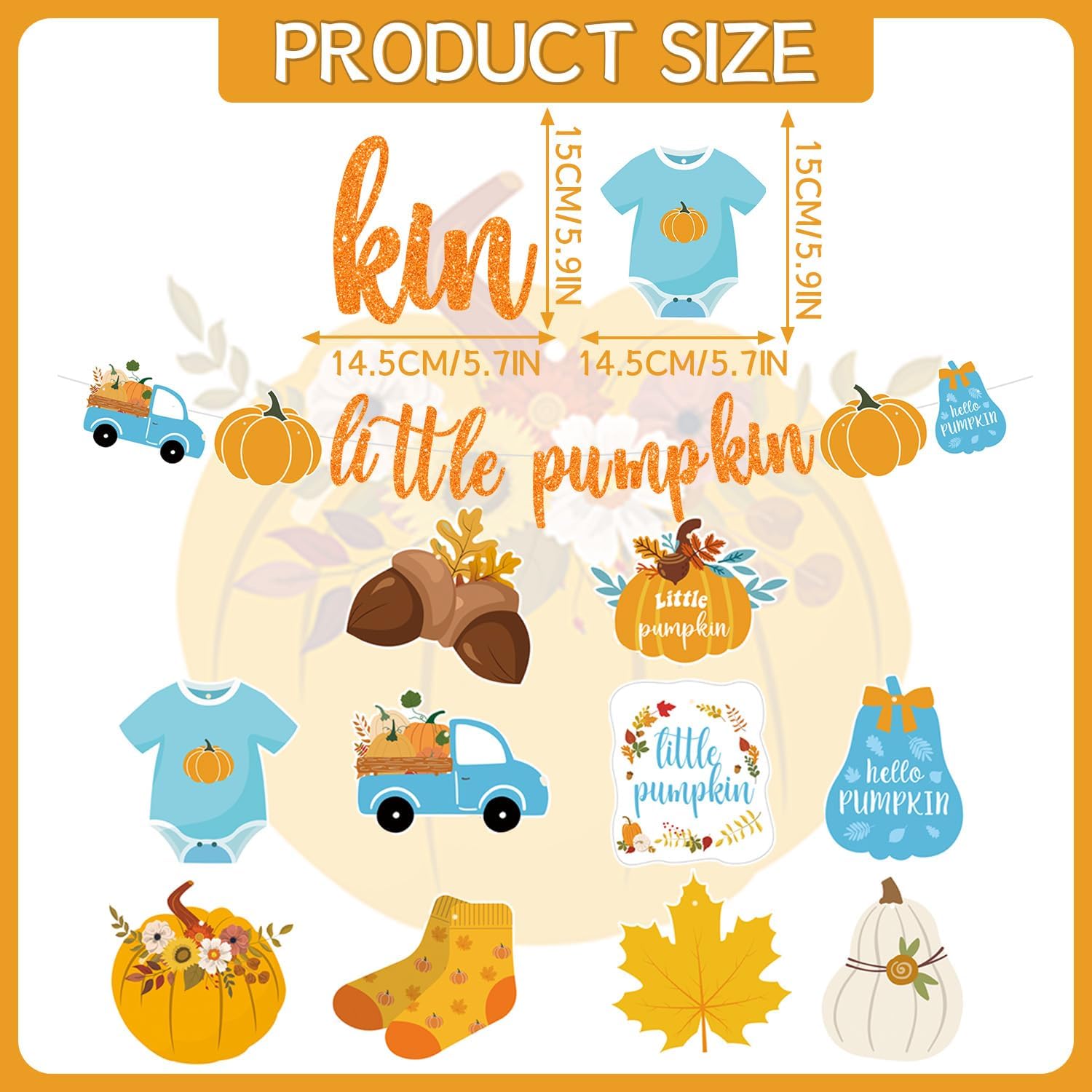 Gameza Decoraciones de otoño para baby shower, 15 unidades, decoración azul de Acción de Gracias, pancarta de calabaza pequeña, decoración de