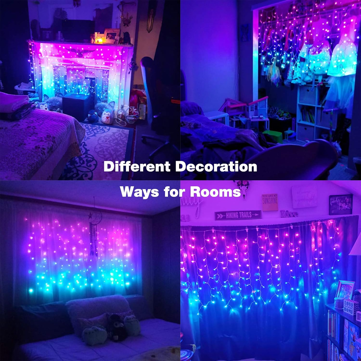 Bolylight Luces de cortina para dormitorio con 8 modos de destello, decoración de habitación de niñas, tira de luces degradadas, luces de pared