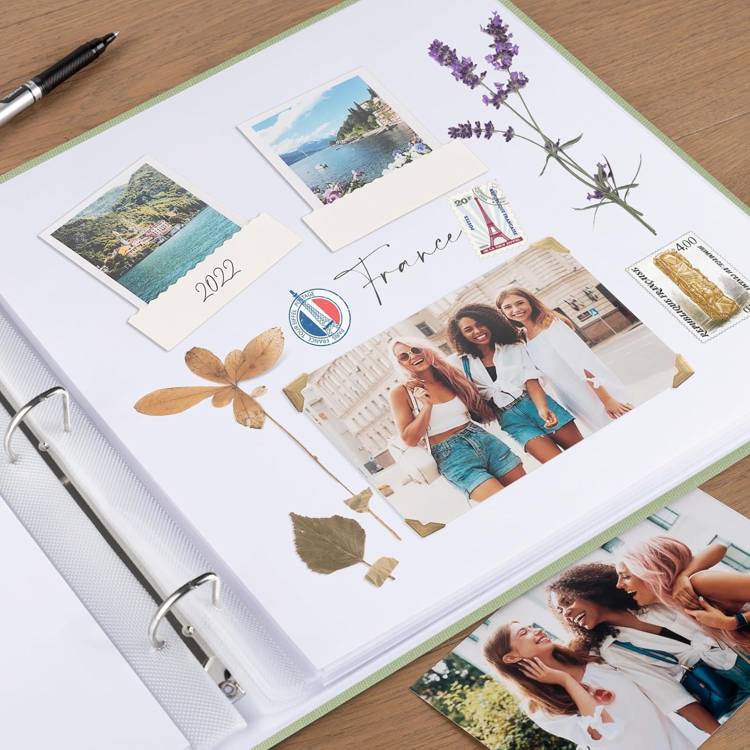 1DOT2 Álbum de fotos grande de 12 x 12 pulgadas con 3 anillos para manualidades, con 30 fundas de plástico, 60 páginas y cubierta de tela para