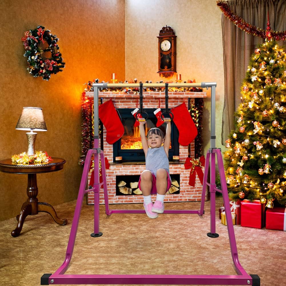 Barra de gimnasia, altura ajustable de 3 a 5 pies y equipo de gimnasia plegable para niños de 3 a 15 años, ideal para entrenamiento en interiores y