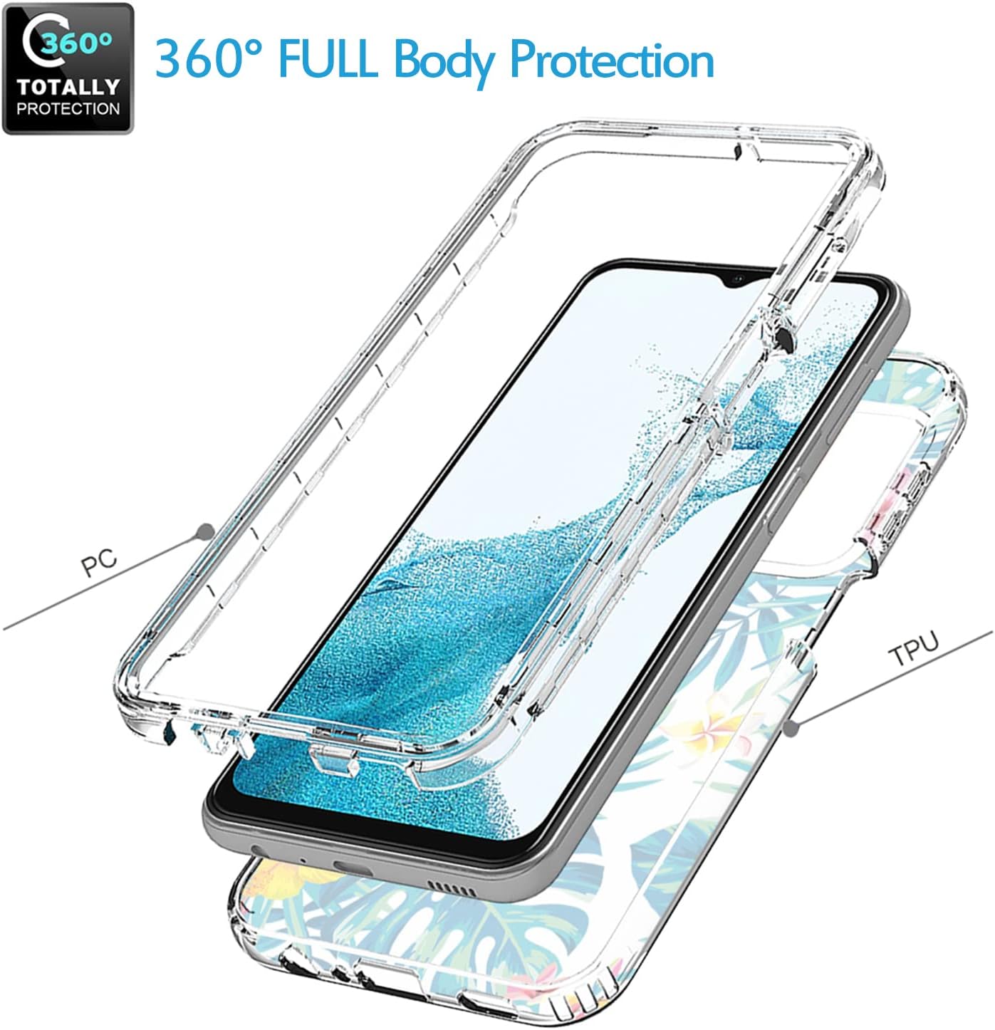 Funda para Galaxy A23, Samsung A23 SM-A235M con protector de pantalla de vidrio templado, funda protectora de TPU transparente floral a prueba de