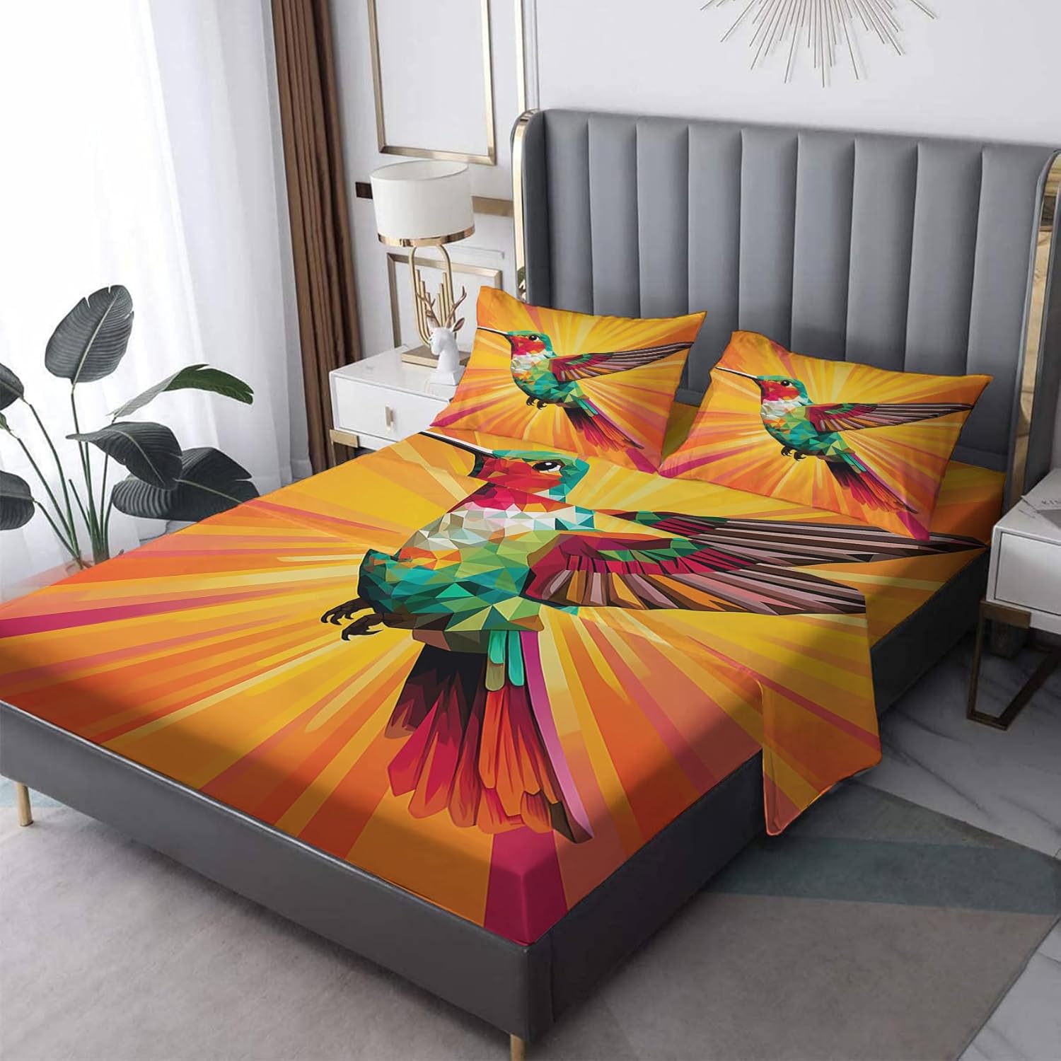 J1-&-357 – Juego de sábanas de colibrí tamaño Queen, diseño de arco iris vintage, sábanas y fundas de almohada con patrón de 4 piezas, sábana bajera