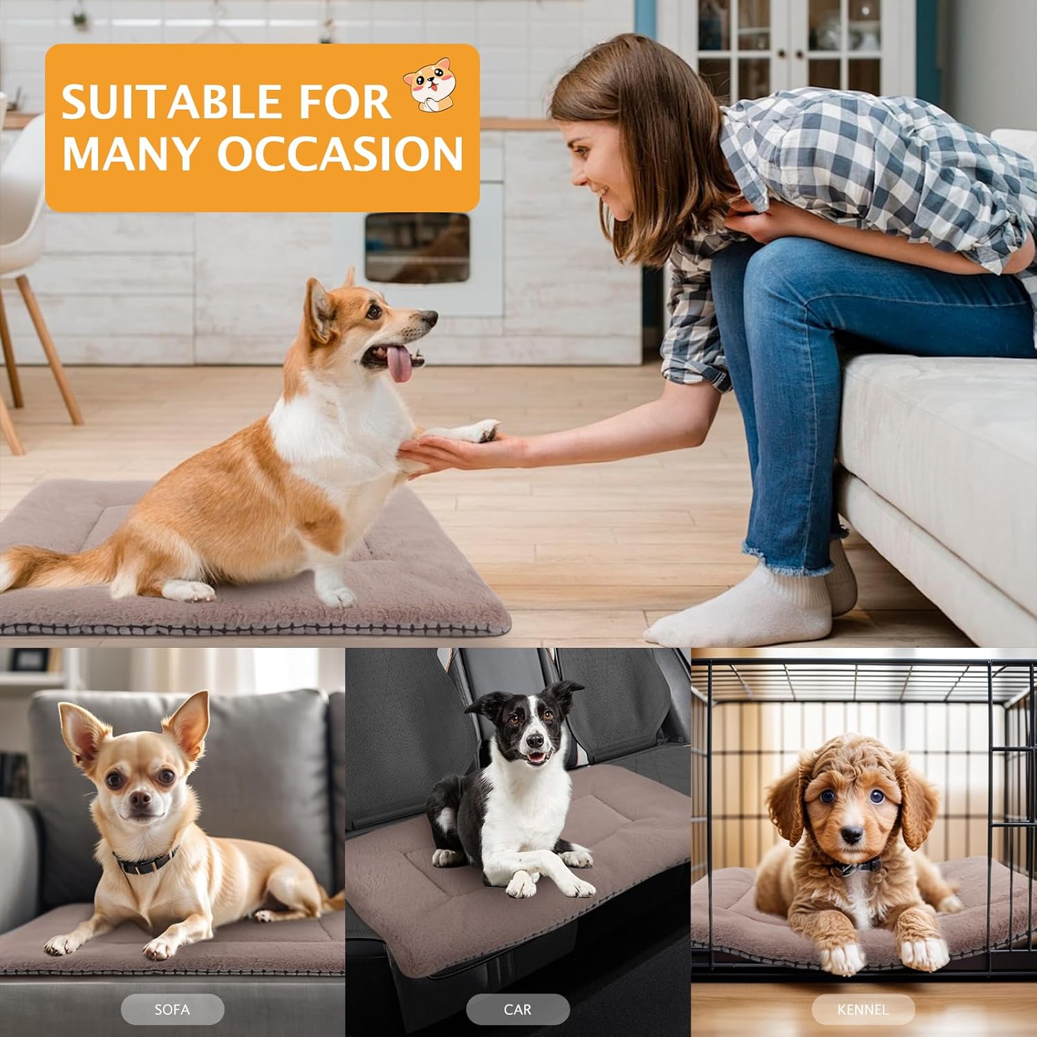 Tapete reversible para cama para perro con terciopelo de felpa y maíz, cojín suave y cálido para mascotas, colchón lavable de doble propósito para