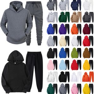 Conjunto deportivo unisex de 2 piezas para mujeres y hombres, sudadera de manga larga con capucha y pantalones deportivos con bolsillos Conjunto deportivo unisex de 2 piezas para mujeres y hombres, sudadera de manga larga con capucha y pantalones deportivos con bolsillos