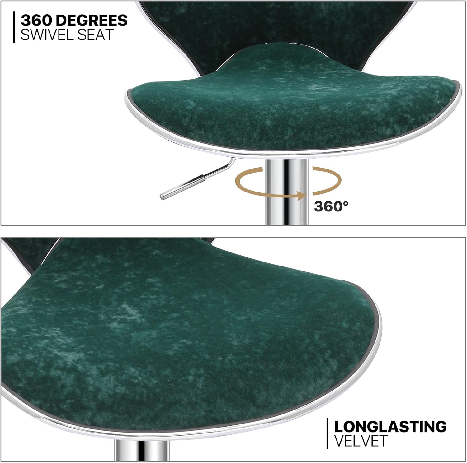 MoNiBloom Juego de 4 taburetes de bar de terciopelo verde, elegantes taburetes de bar de altura de mostrador con función giratoria, base de metal